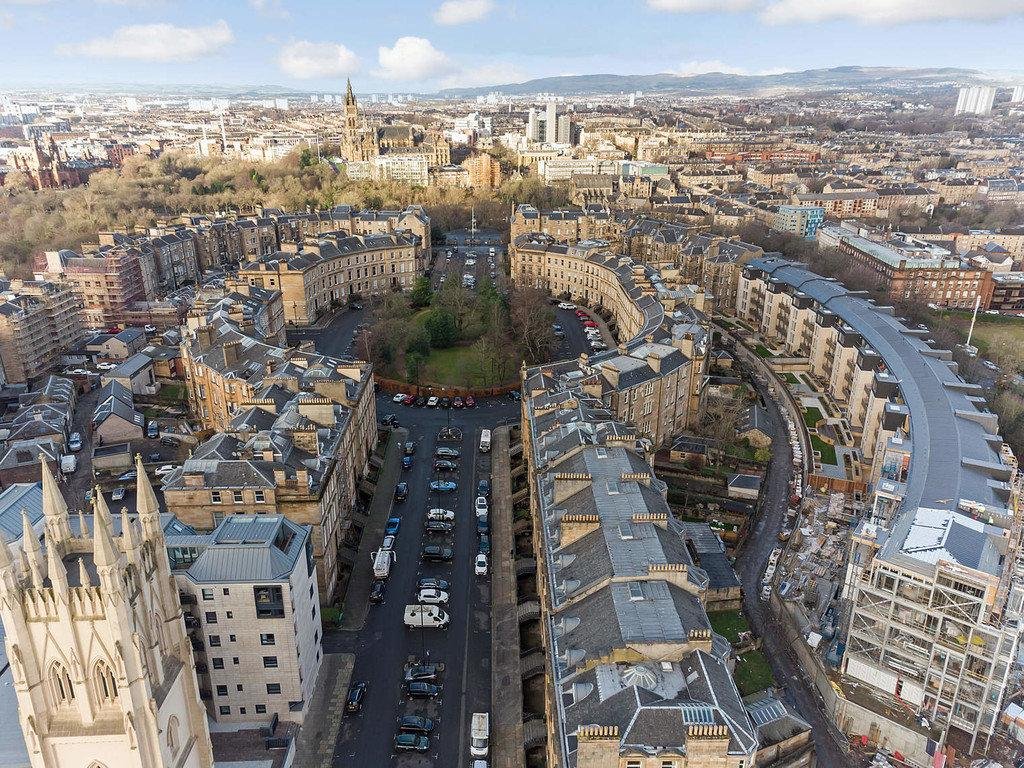 Drone view over Park Circus and the West End rooftops
